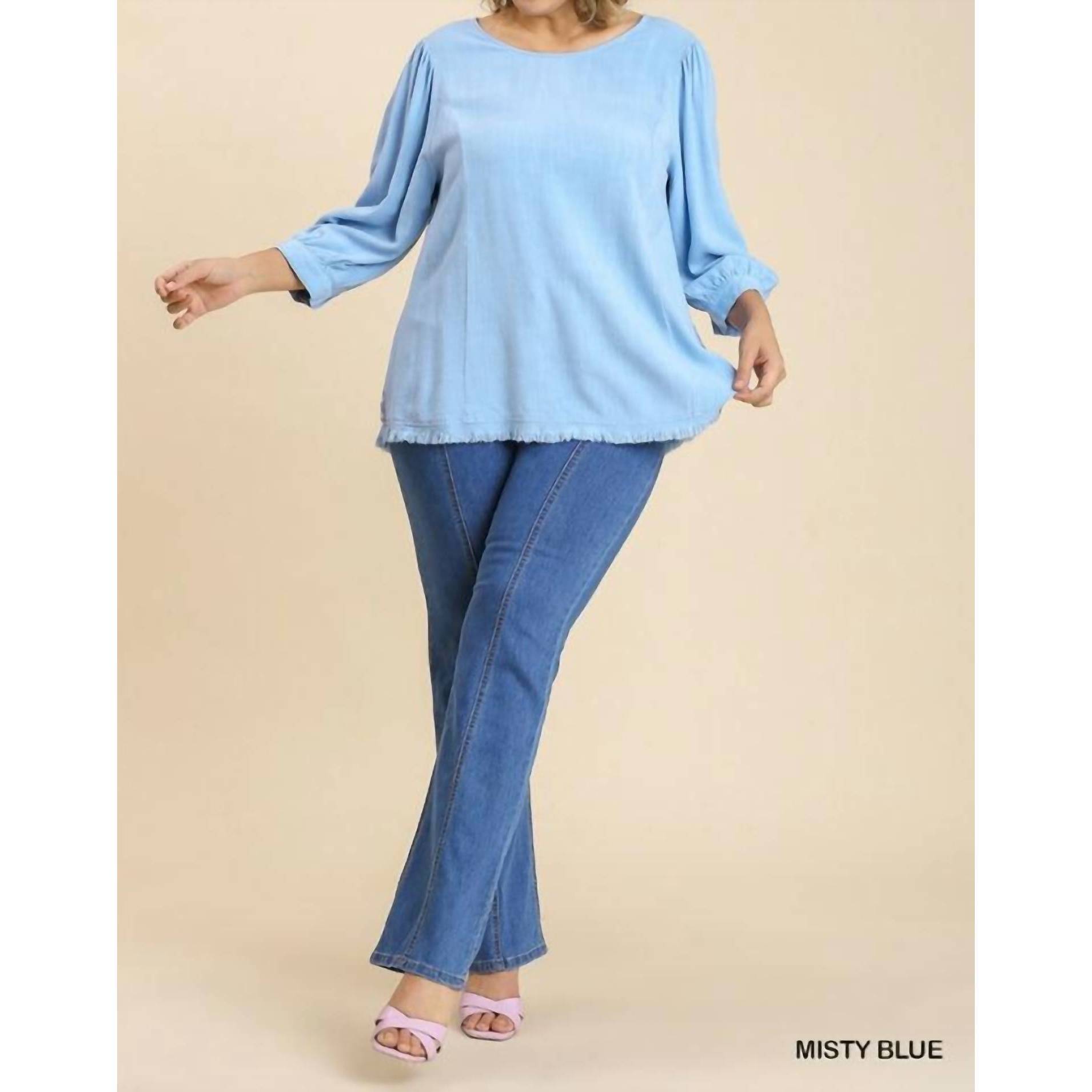 New Umgee Frayed Ruffle Hem Animal Print Cut Out Back Top In Misty Blue